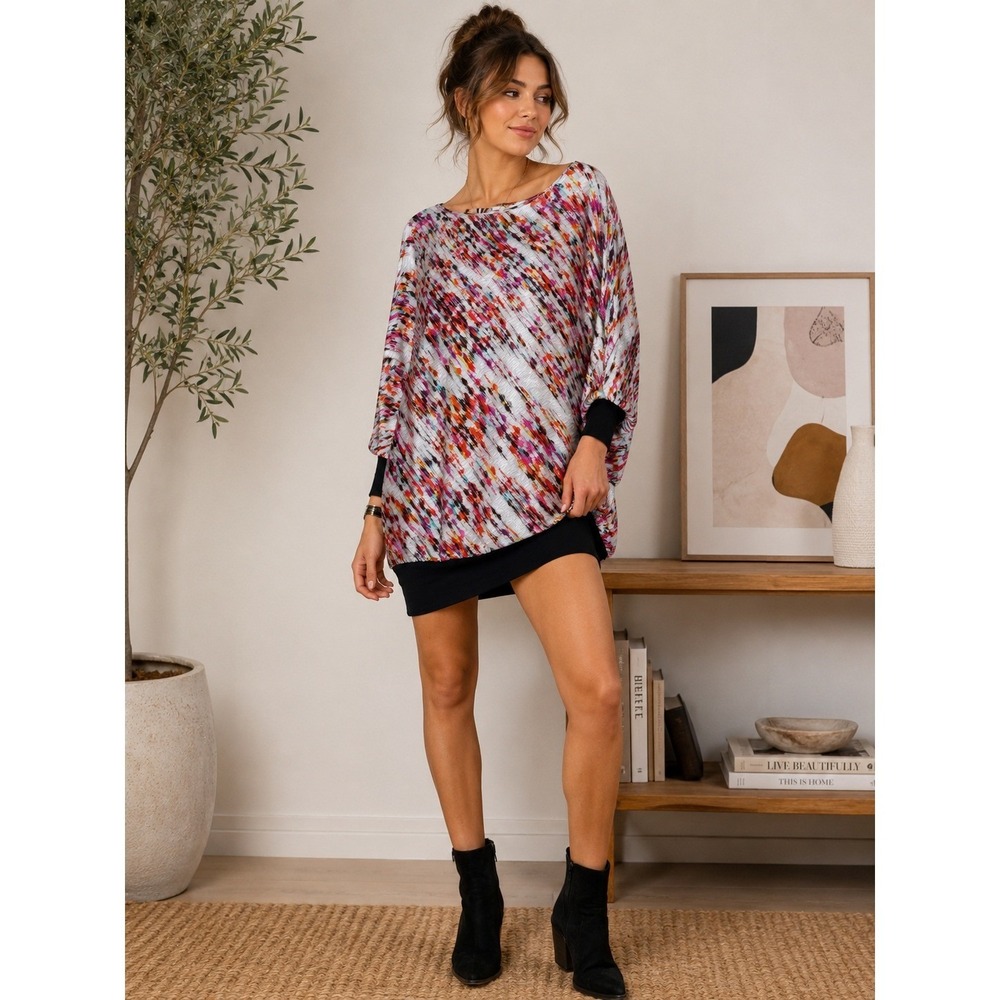 Abstract Watercolor Dolman Sleeve Tunic Dress Batwing Mini XS